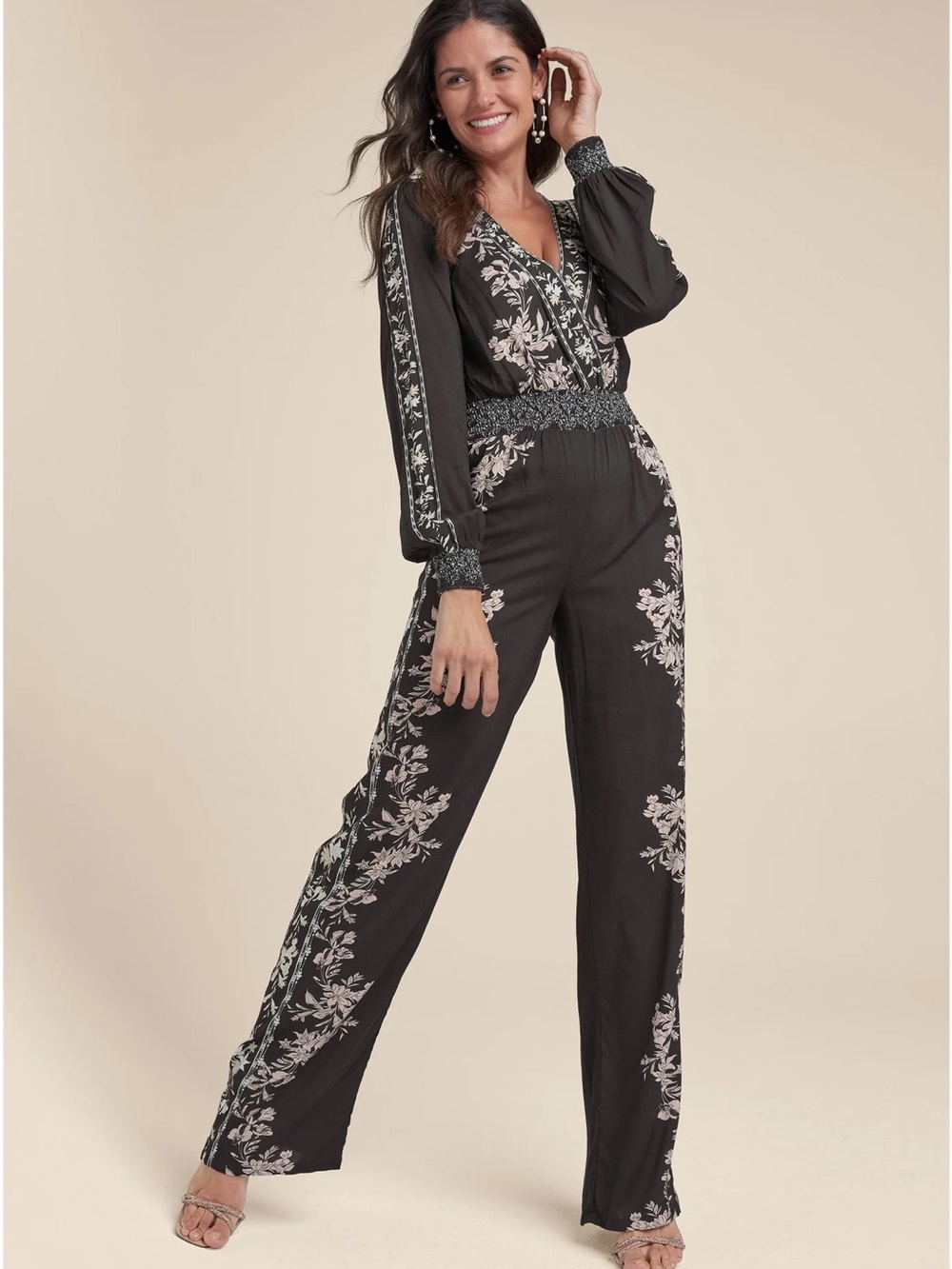 VENUS Black Floral-Print Smocked Waist Jumpsuit